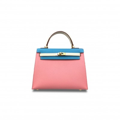 HERMÈS KELLY 25 EPSOM THREE-COLOR MILKSHAKE POWDER CANDY BLUE MILKSHAKE WHITE GOLD BUCKLE (25*17*7cm) 